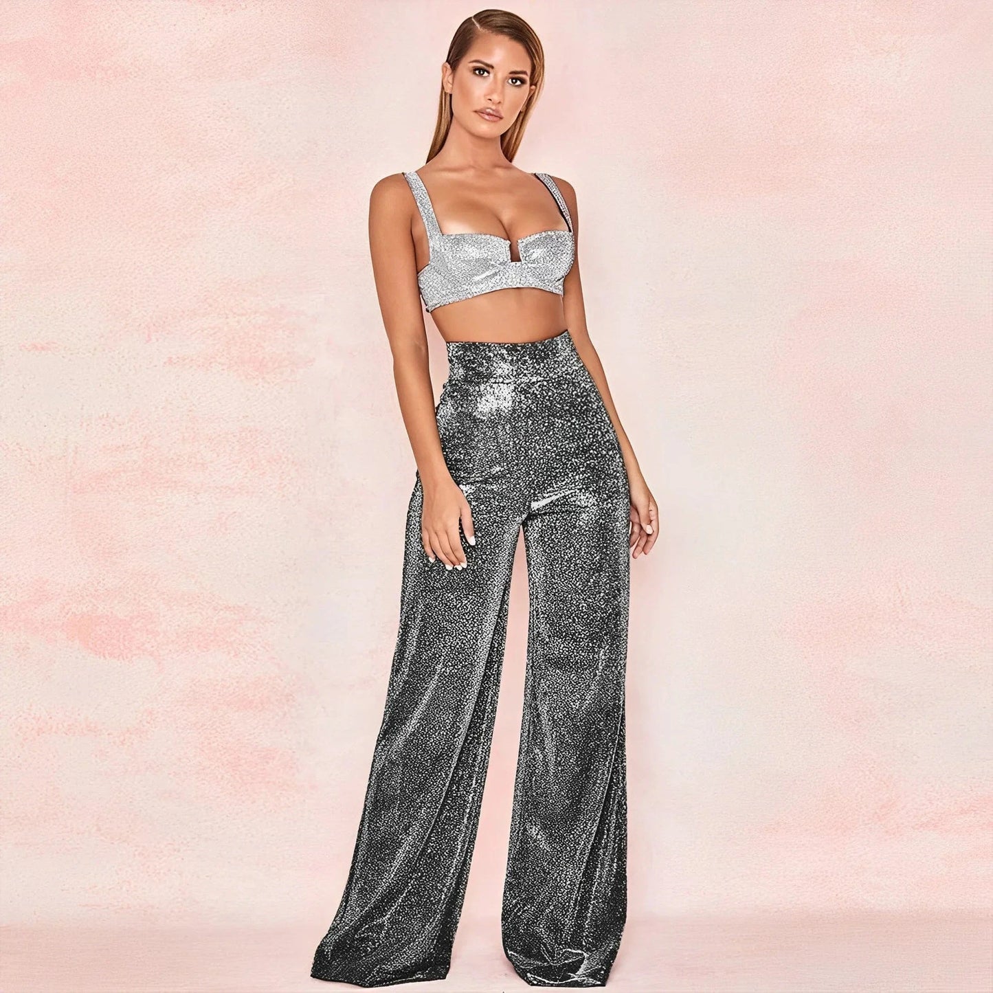 M / Black DAMOCHIC Custom Logo Wide Legged Women Pants Red Sequin Trousers for Ladies High Waist Loose Back Zipper Wholesale Palazzo Pants