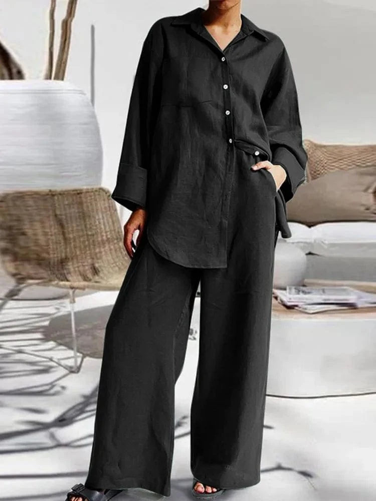 M / Black DAMOCHIC New Arrivals Two Piece Set Women Clothing Fall 2023 Loose Casual Shirt Ladies Wide Leg Pants 2 Piece Women Set Plus
