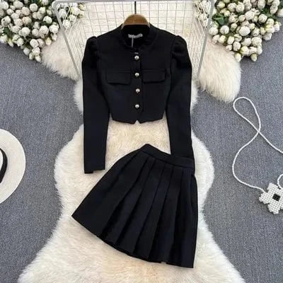 M / Black Fashion Celebrity Style Two Piece Set Autumn New Long Sleeve Suit Coat High Waist Pleated Half Body Short Skirt Set