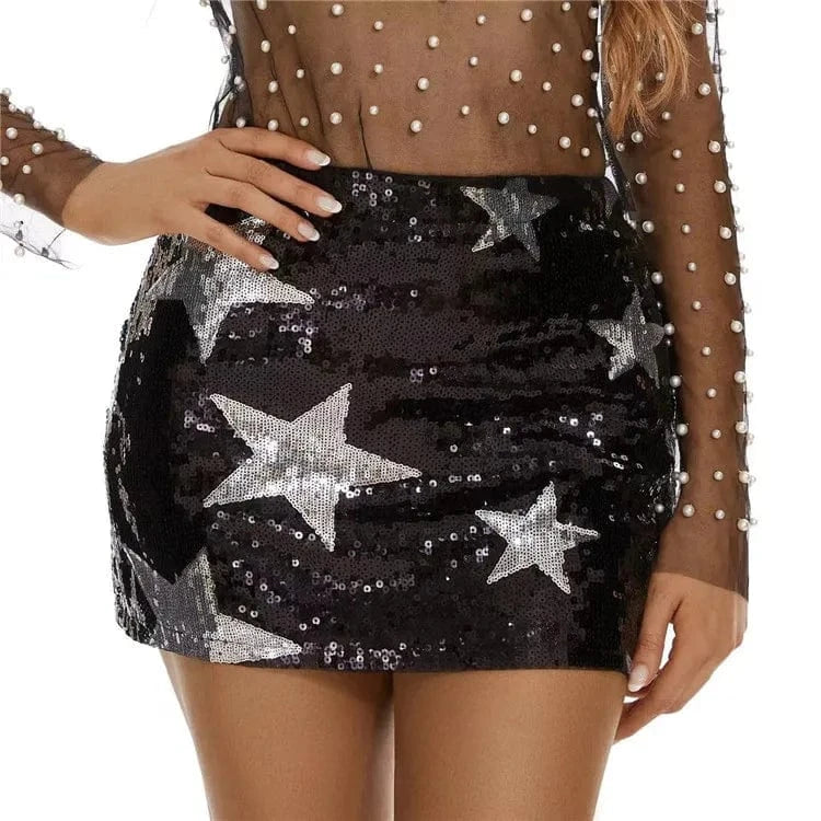 M / Black Fashion Sequins Stars Mini Skirt Women Sexy High Waist Sparkling Party Club Skirt