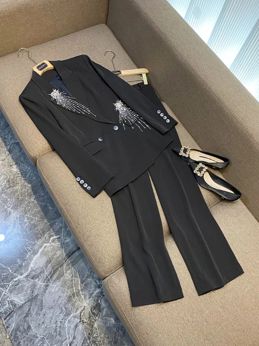 M / Black Fine Workmanship Rhinestone Beading Lady Formal Suit Long Sleeve Two Buttons Notched Blazer Straight Cutting Pants Women 2Pcs