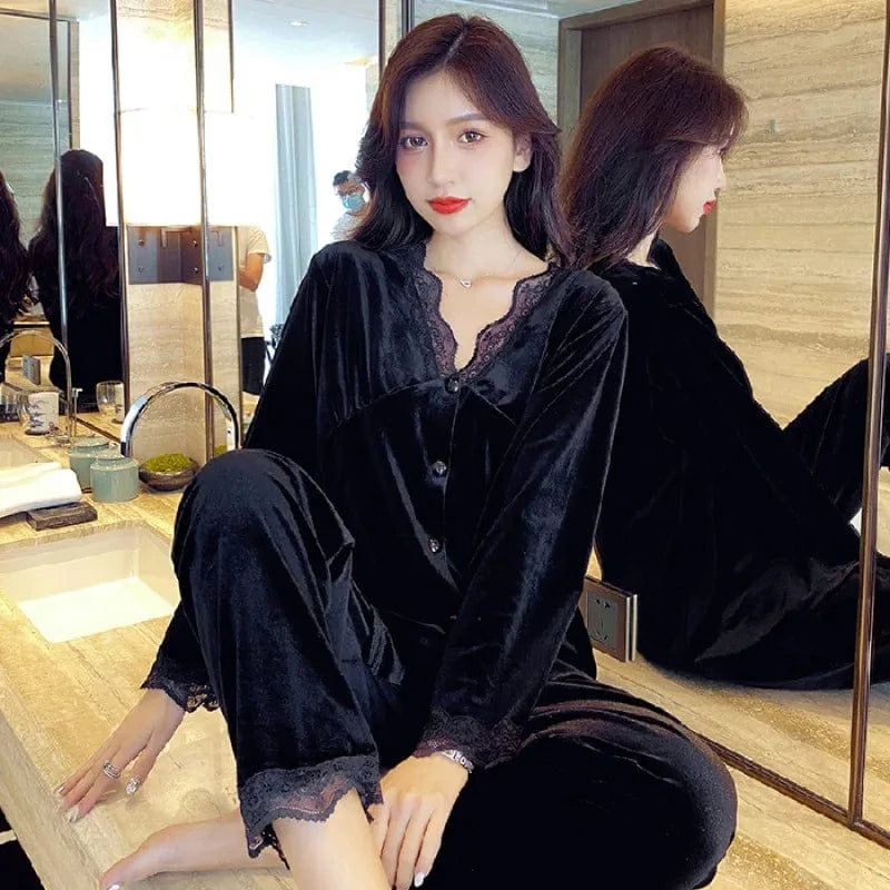 M / Black High Quality Ladies Winter Velvet Lace Sleepwear Casual Leopard Homewear V Neck Nightwear 2024 Long Sleeve Luxury Pyjamas Femme