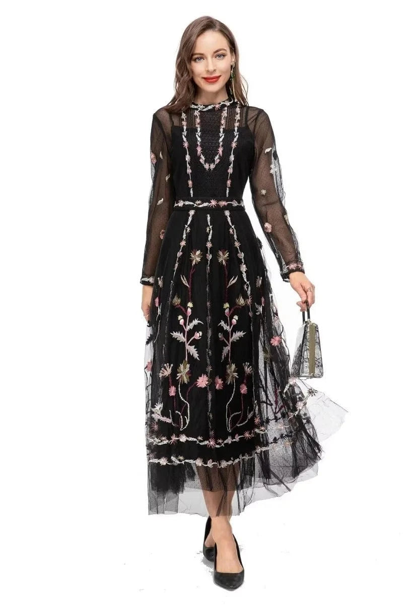 M / Black High Quality New 2024 Spring Long Wedding Party Women Dress Allover Exquisite Embroidery Long Sleeve Tulle Mesh Maxi Dress Pink