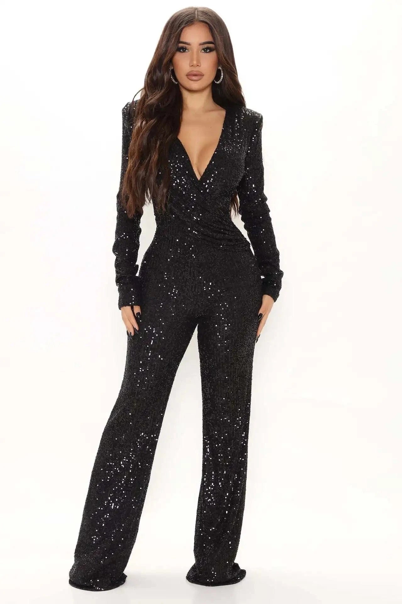 M / Black Liu Ming New Arrivals Women Sexy V Neck Tight Nightclub Bodysuit Sequin Jumpsuit