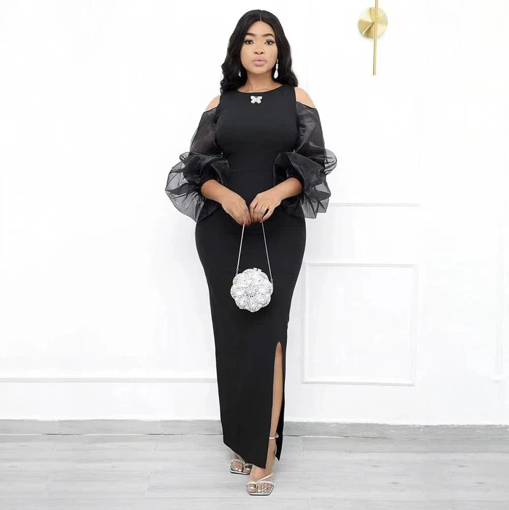 M / Black New arrival fashion temperament slim fit plus size dress net yarn sleeved elegant casual Africa dress women clothing