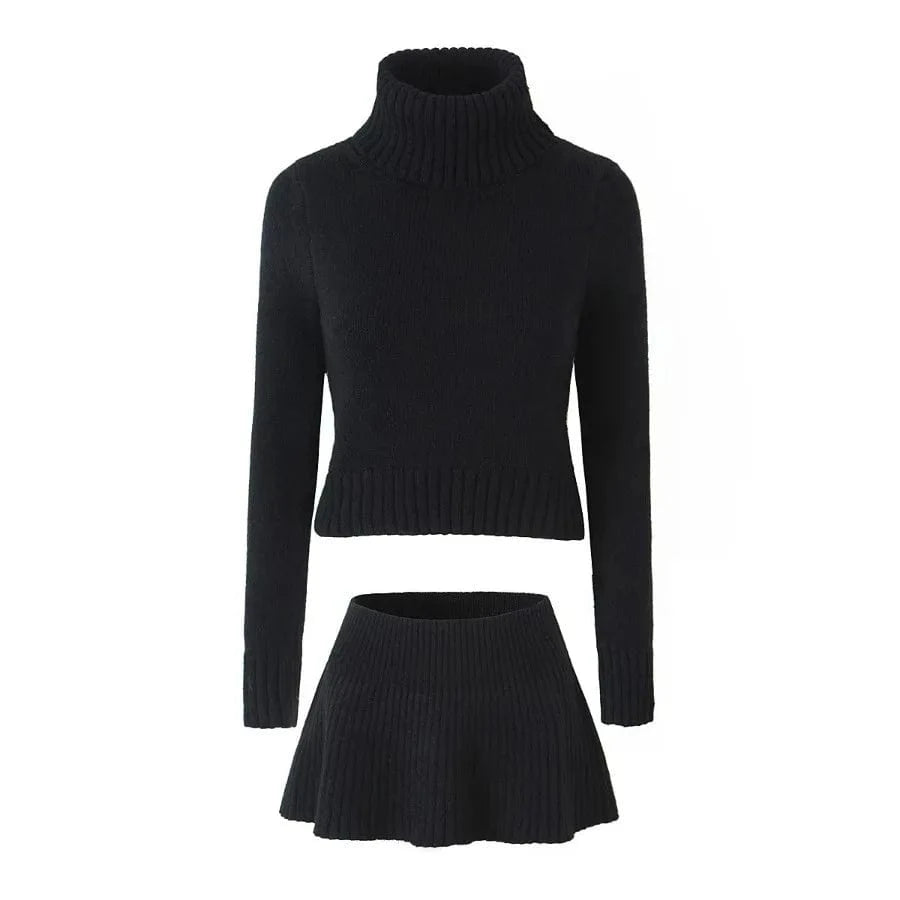 M / Black New arrival woman clothing long sleeve winter knitted sweater fashion 2 piece skirt set