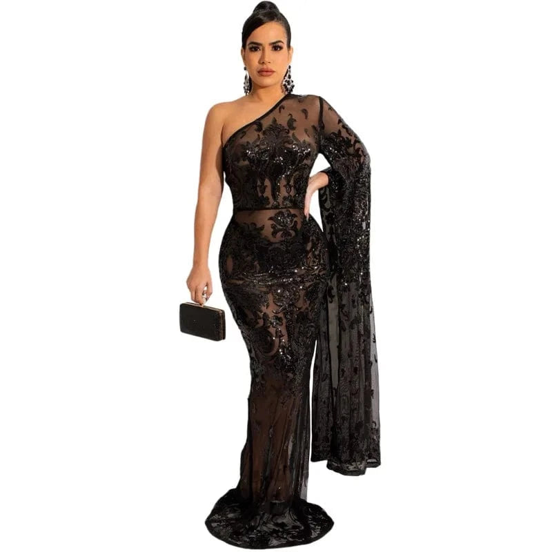 M / Black New fashion women's single shoulder Embroidered Beaded mesh diagonal shoulder sexy evening dress women's dress