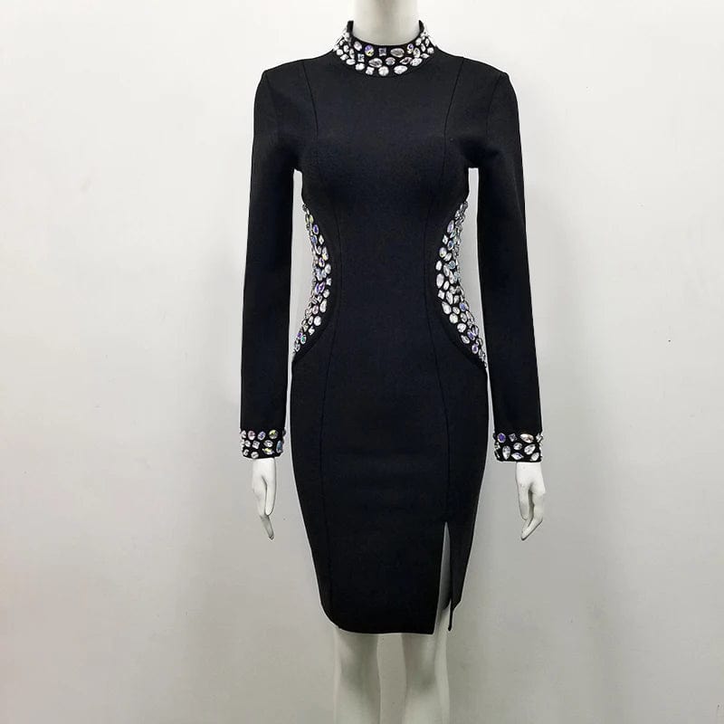 M / Black New White Long Sleeve Beading Women Celebrity Evening Party Clubwear Bodycon Dress