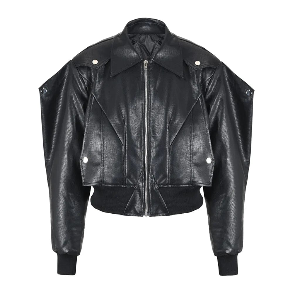M / Black OUDINA European Station 2024 Deconstructed Design PU Leather Jacket Winter New Short Cotton Motorcycle Jacket