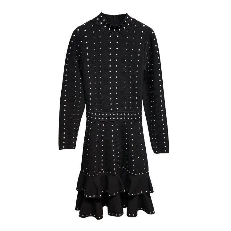 M / Black OUDINA Stylish High End Handmade Black Beaded Sequins Ruffled Waist Knitted Dress Women's Elegant Party Women Clothing Dresses