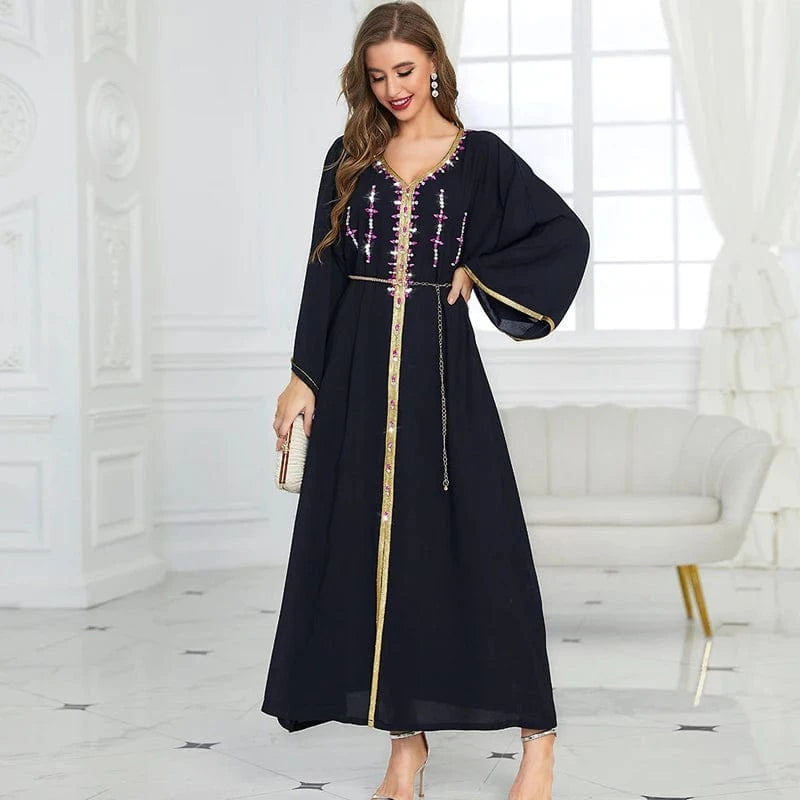 M / Black Pearl Beaded Dubai Abaya Saudi Arab Rhinestone Robe Islamic Clothing Diamond Abaya Dubai Women Muslim Dress
