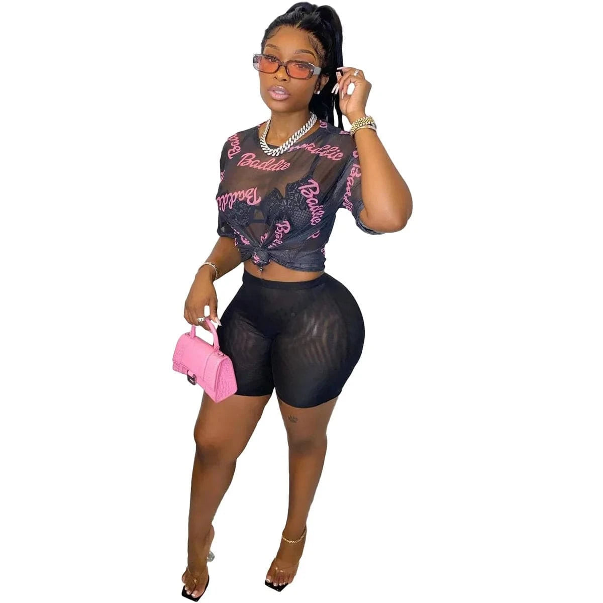 M / Black Perspective Mesh Outfits Fashion Letter Printing Women Sexy Crop Top Shirt Booty Shorts 2 Piece Set