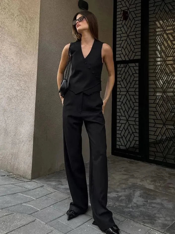 M / Black RedPeony Cotton Linen Outfits Women 2024 Sleeveless V Neck Shirt Pleated Long Pants Two Piece Sets Black Button Up Tops Suits