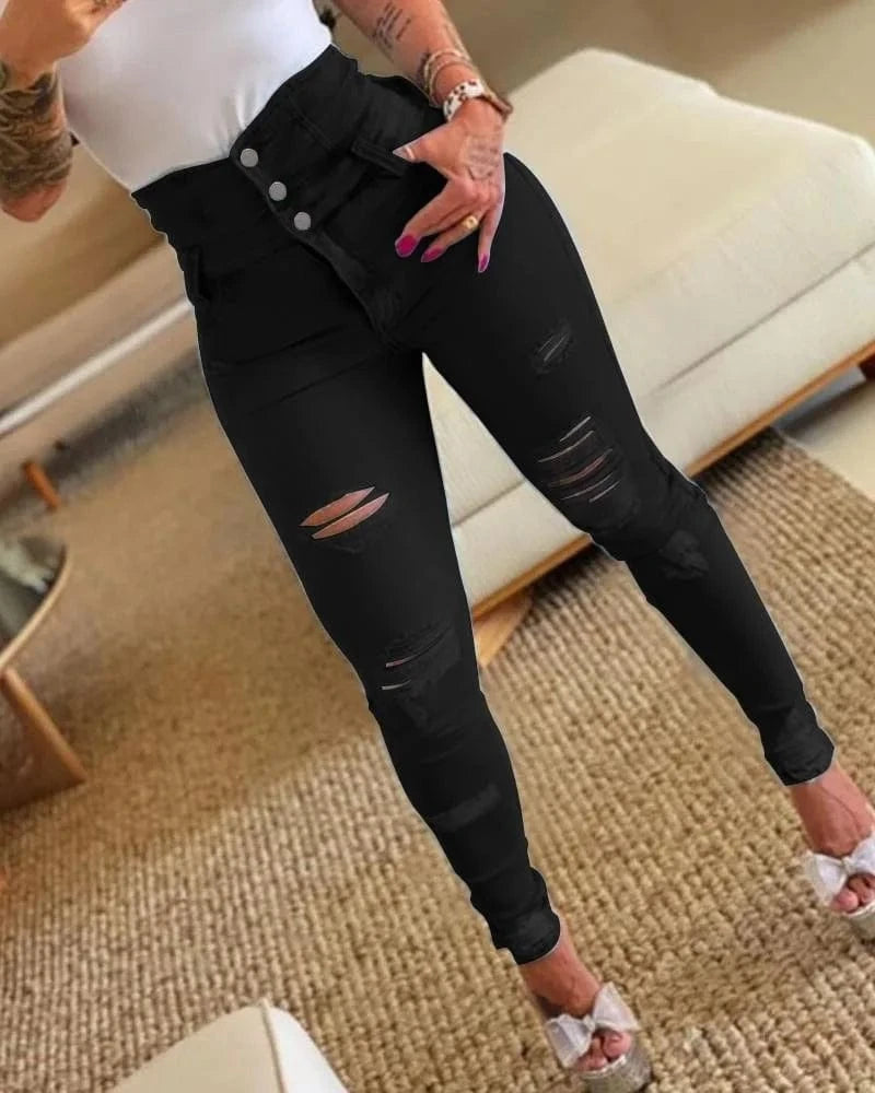 M / Black Ripped Women's Jeans Pants Bodycon High Waist Casual Long Pant Denim Trousers Skinny Boyfriend Jeans for Women