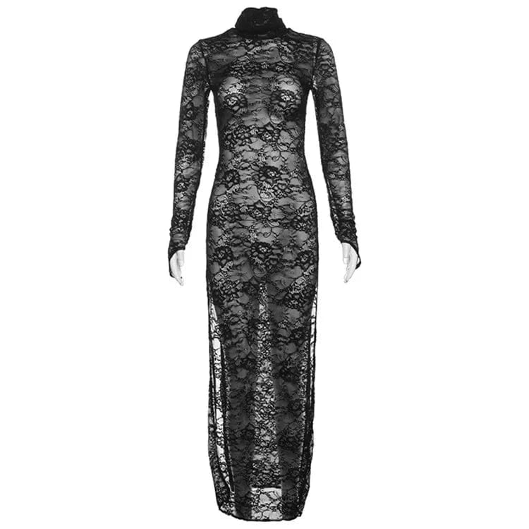M / Black Sexy Lace Black Hook Flower Hollow Out Long Dress Night Club Clothing For Woman 2024 Mesh Maxi Dress