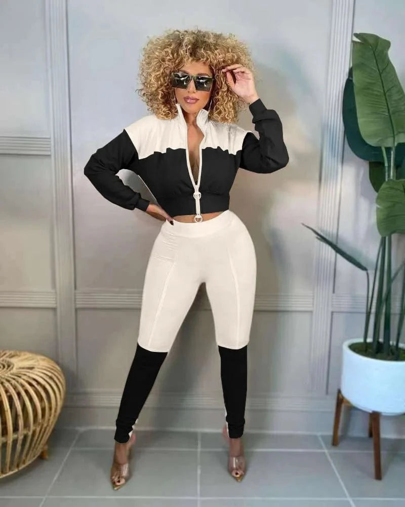 M / Black Spring 2023 Women s Clothing Zip Up Crop Jogger Set Color Block Jogging Suit Set Tracksuits for Women