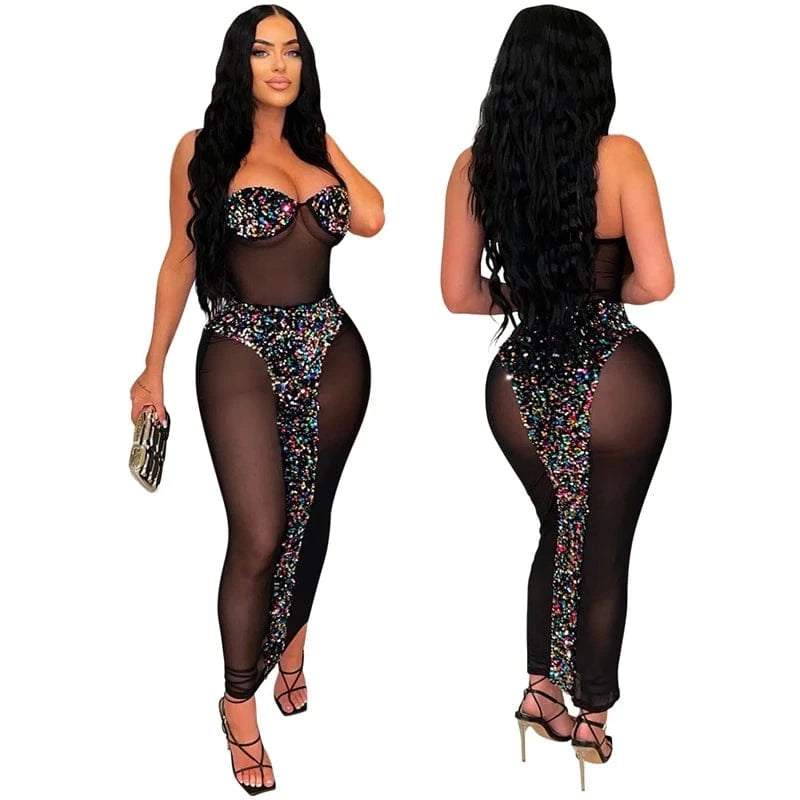 M / Black summer 2024 new arrivals women luxury sexy strapless birthday party mesh sheer sequin wrap maxi long bodycon dress for women