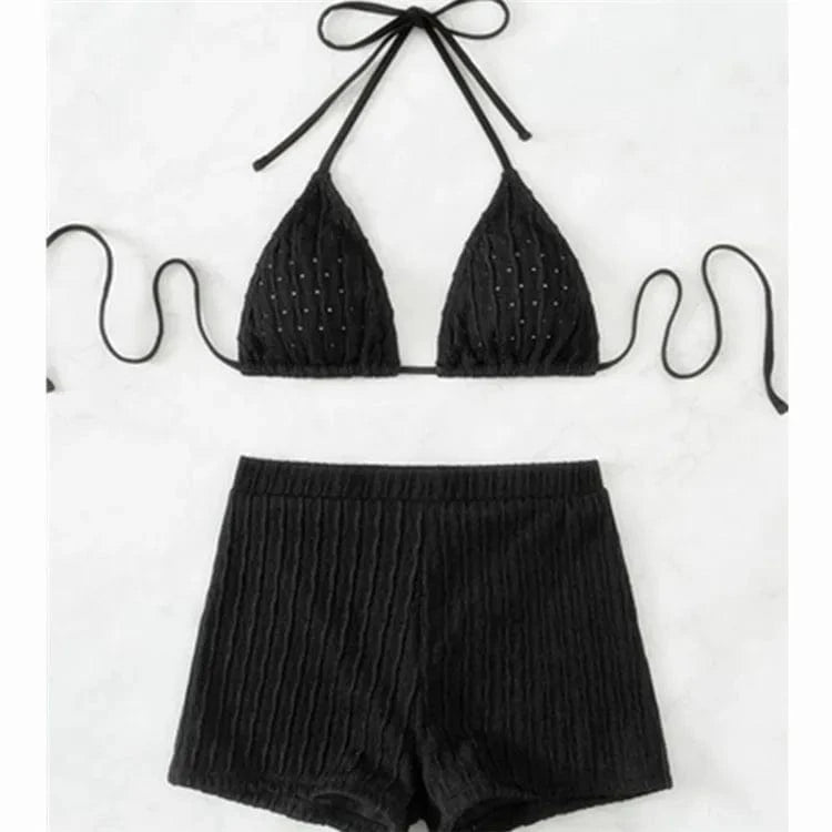 M / Black Tie Back Halter Bikinis 2024 Women High Waist Swimsuit Solid Padded Swimwear Female Bathers Bathing Swimming Swim Suit