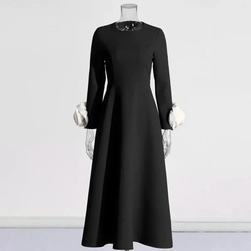 M / Black Wholesale Dress 2024 Spring Summer Fashion Style Women Flower Deco Long Sleeve Elegant Red Black Elegant Long Maxi Dress XL Size
