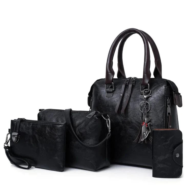 M / Black Wholesale Fashion Ladies PU Leather Hand Bags Shoulder Purse Card Holder 4pcs Handbags for Women Luxury Set