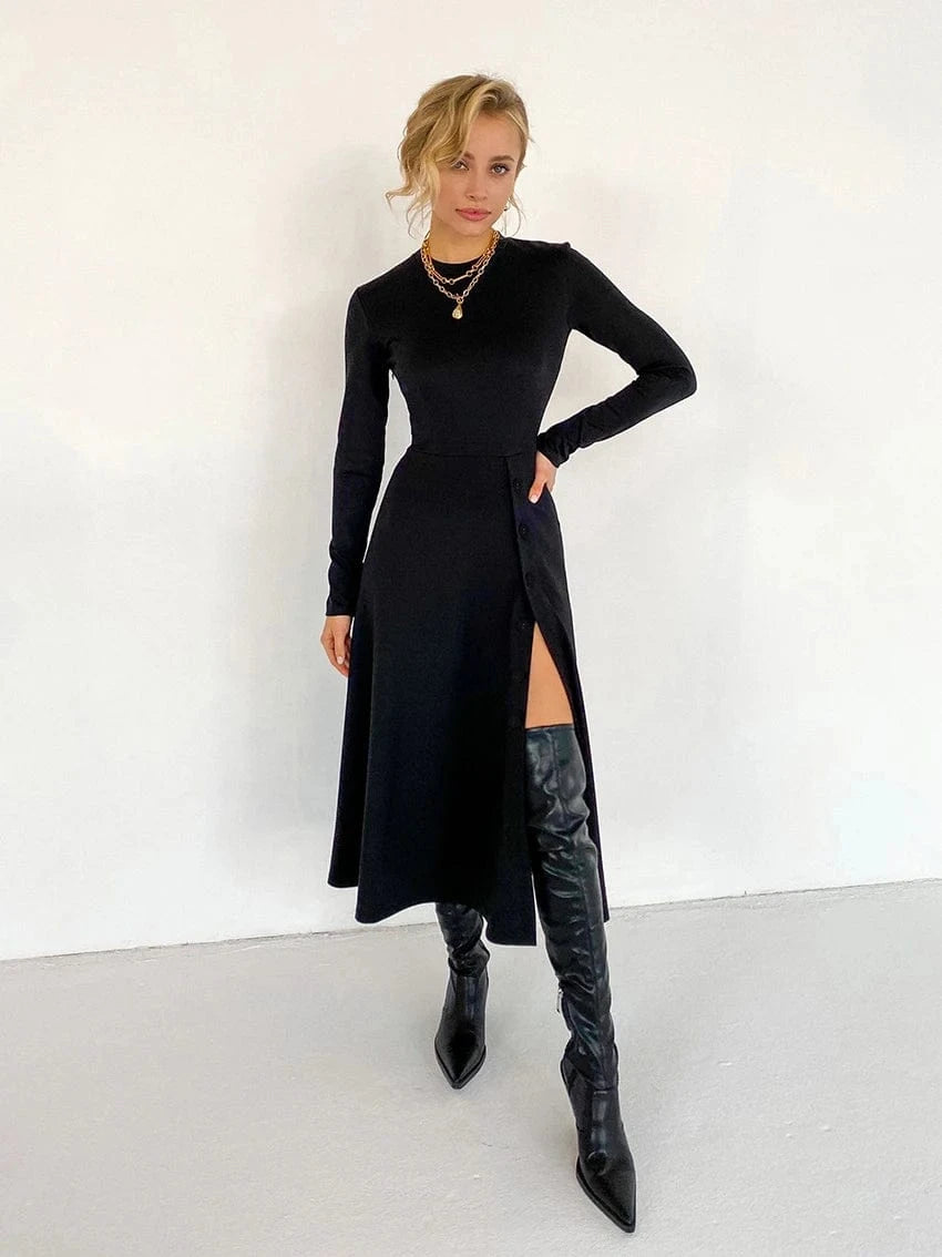 M / Black Winter Dress Ladies Office Elastic Casual Midi Dress Sexy Slit Women Knitted Cotton Dress