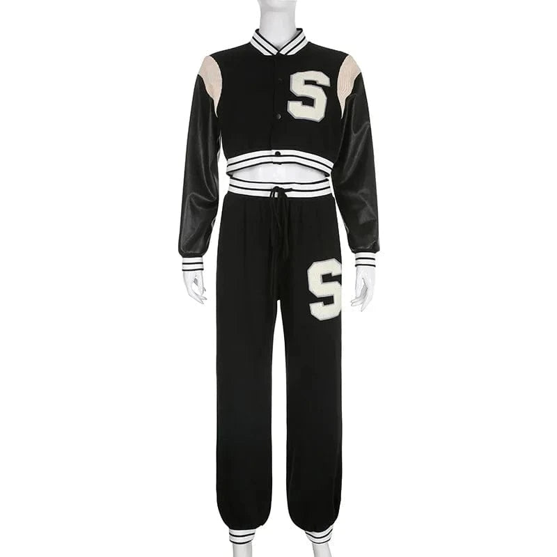 M / Black Y2K Fashion Streetwear Women Sets Baseball Two piece Pants Set Letter 2 Piece Set Casual Women Autumn Clothing Y2K