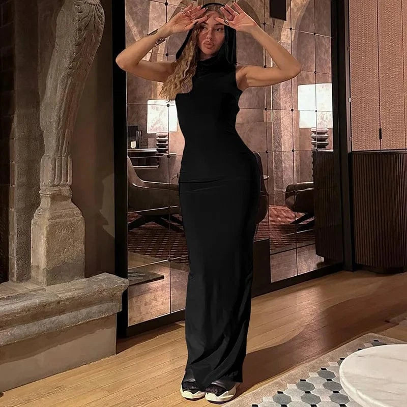 M / black Y2K Style Women Long Hoodie Sleeveless Bodycon Dress Wholesale Casual Dresses Regular Street Wear For Women