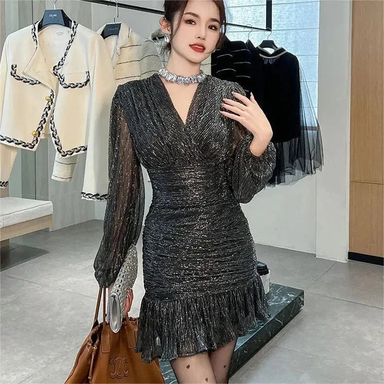 M / Black ZYHT 40281 2024 Spring Mesh Puff Sleeve Slim Fit Ruffle Sexy Mini Dress Cross V Neck A-line Swing Dresses