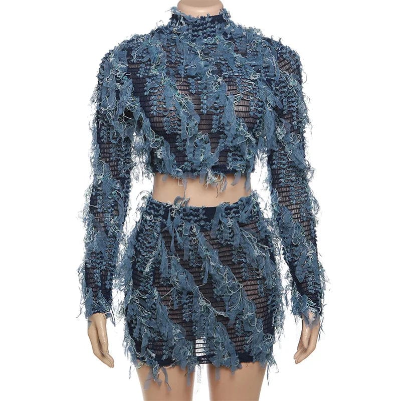 M / Blue 2024 Spring Summer Women's Clothing Streetwear Fuzzy Long Sleeve Crop Top Pencil Bodycon Skirt Two Piece Set Sexy Outfits