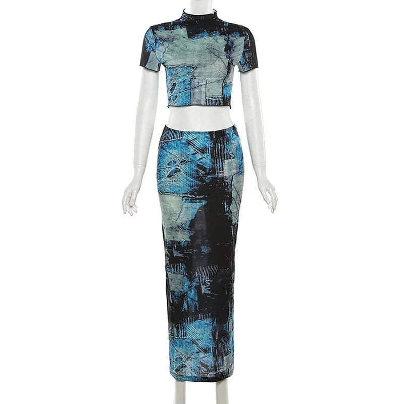 M / Blue Bomblook ASST73 Print Long Skirt Crop Top 2 Piece Set Women Set Skirt Sets