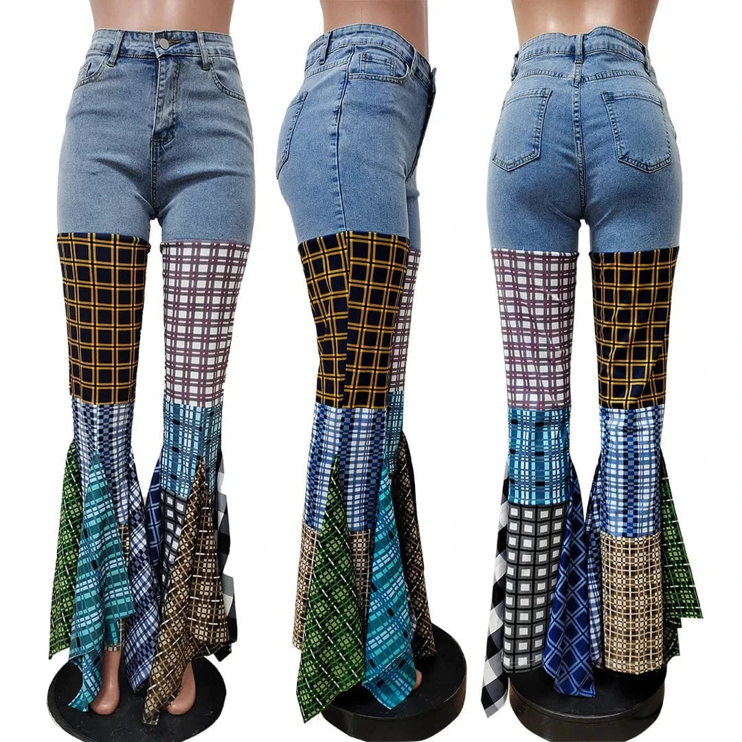 M / Blue C1202TA6 Hot Sale High Waist Pants Trousers plus size Flare Spliced Flare Denim Wide Leg Straight Jeans Women Sehe Fashion