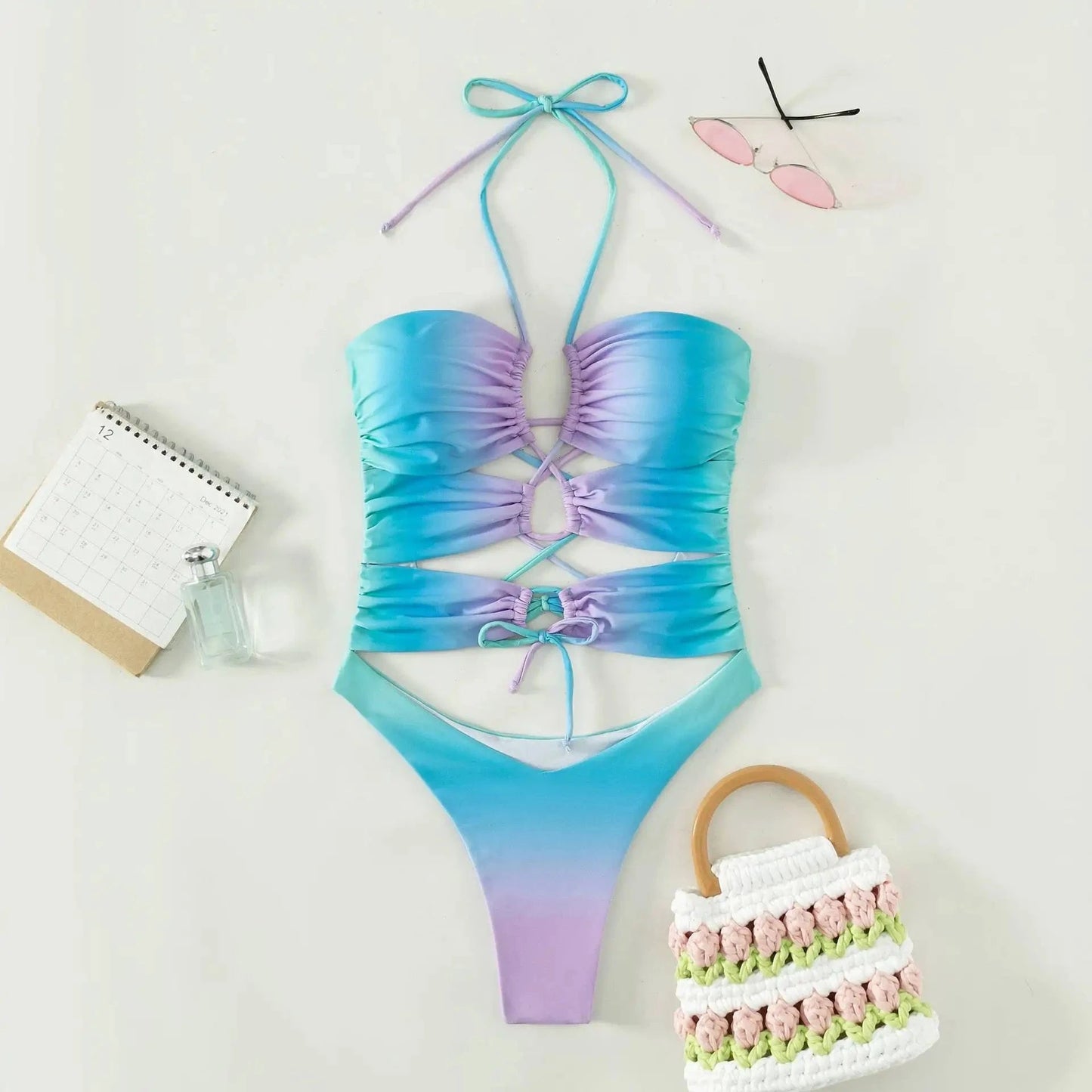M / Blue DAMOCHIC Thong One Piece Swimwear Gradient Brazilian One Piece Swimsuit String Monokini Cut Out Lace-Up Bikini Monokini 2023