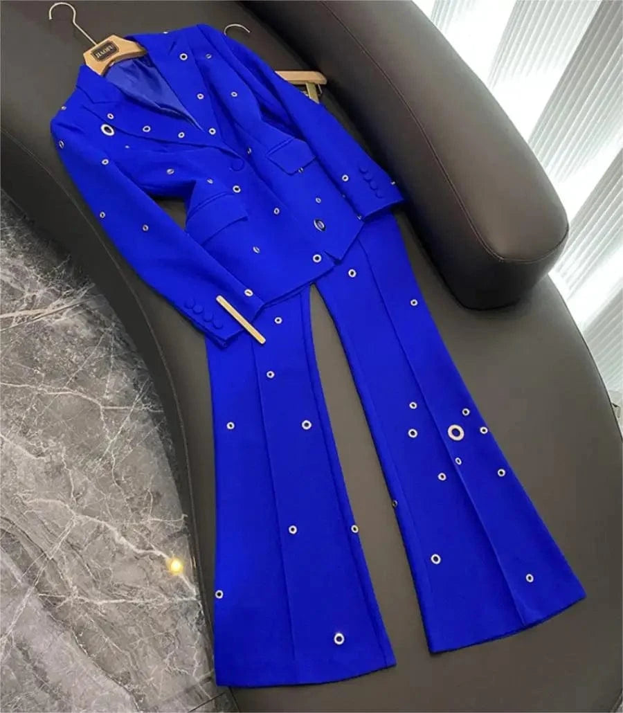 M / Blue Fine Workmanship Lady Solid Stylish Metal Holes Office Wear Single Button Blazer Flared Pants 2 Pieces Sets Women