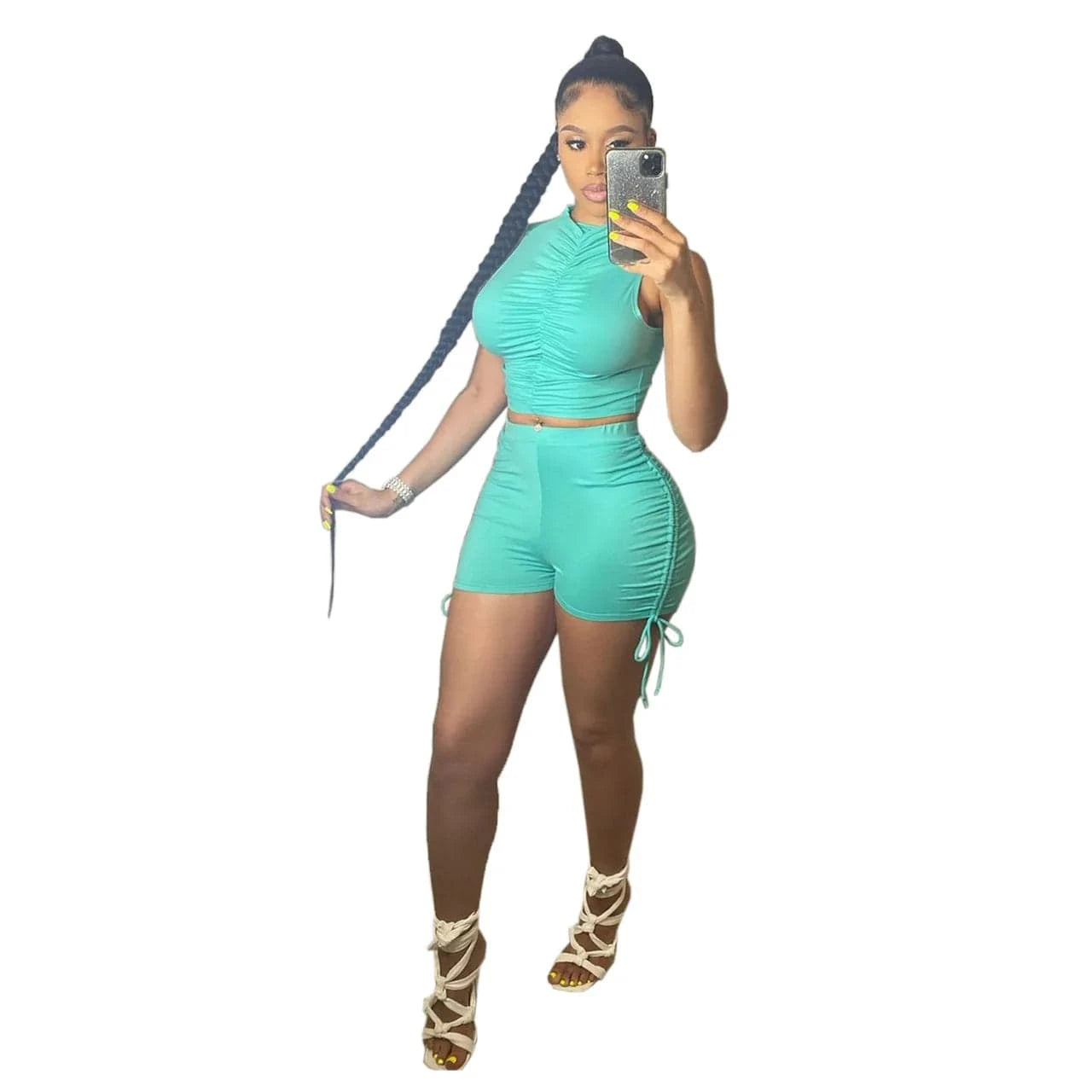 M / blue-green Hot Sale Sleeveless Pleated Tank Top Shorts Solid Color Mid High Collar Sexy Sports Casual Women's Two Piece Shorts Set