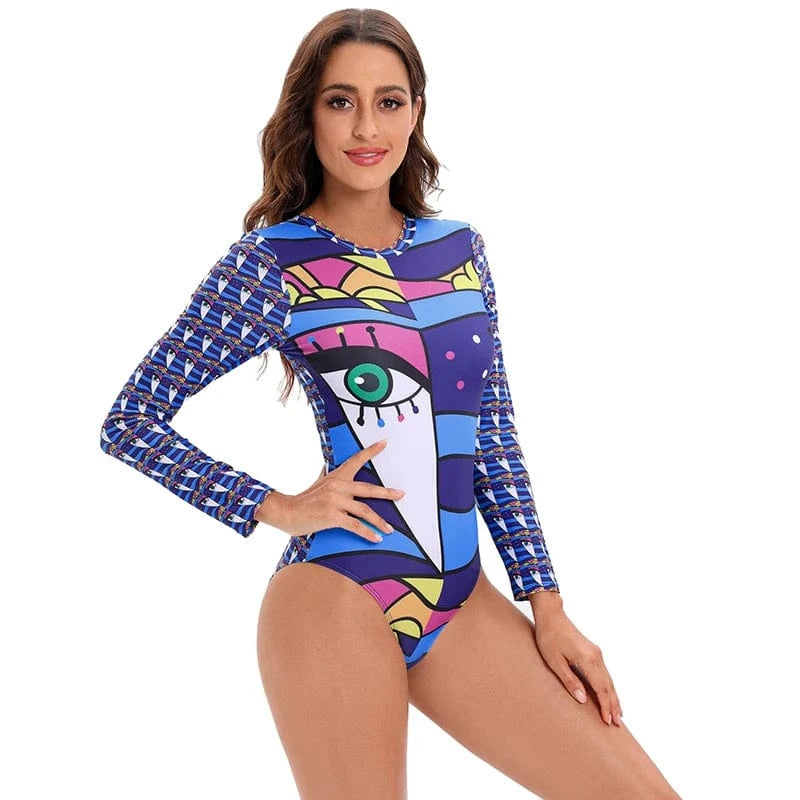 M / Blue JSN72005 High quality best sales long sleeve pattern rashguard one piece swimsuit bikinis & beachwear women 2022 swimwear