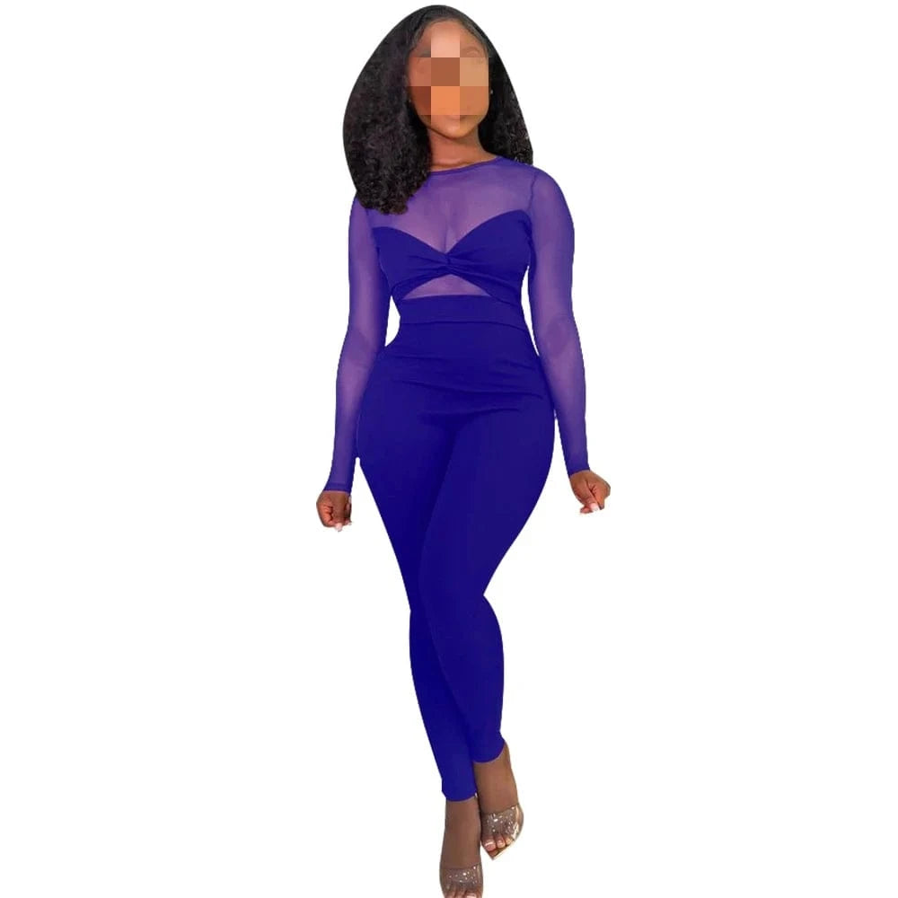 M / Blue K10678 2024 Women Sexy Mesh Patchwork Summer Jumpsuits Solid color splicing sexy perspective slim-fit jumpsuit woman