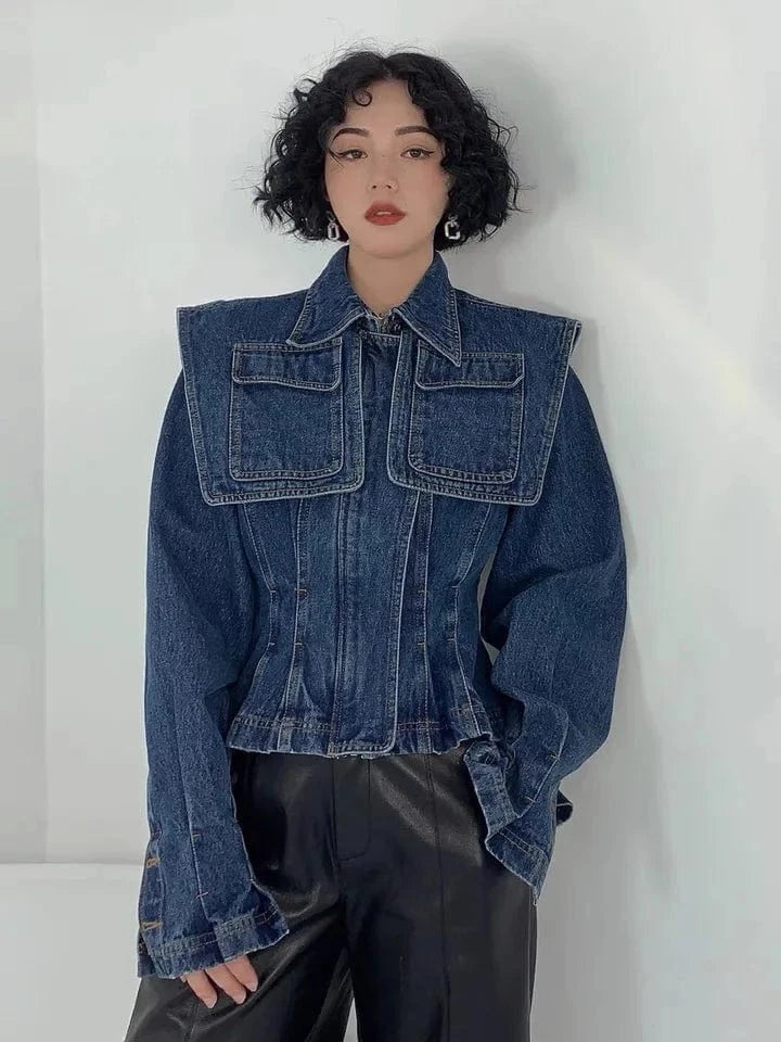 M / Blue Lapel Long Sleeve Short Tunic Designer Coats Streetwear Solid Patchwork Pockets Lapel Long Sleeve Casual Denim Jacket