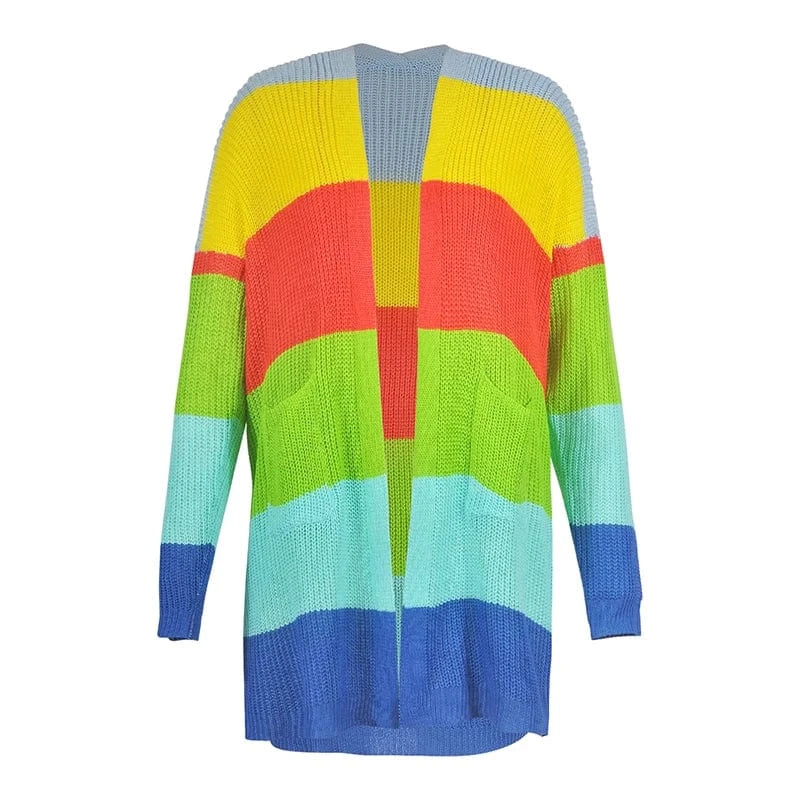 M / Blue New Fancy Ladies Top Clothing Multicolor Striped Rainbow Long Knitted Sweater Cardigan