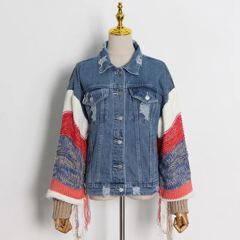 M / Blue OUDINA 2024 New Style Street Trendy Contrasting Color Patchwork Knitted Sleeves Design Loose Denim Jacket Women
