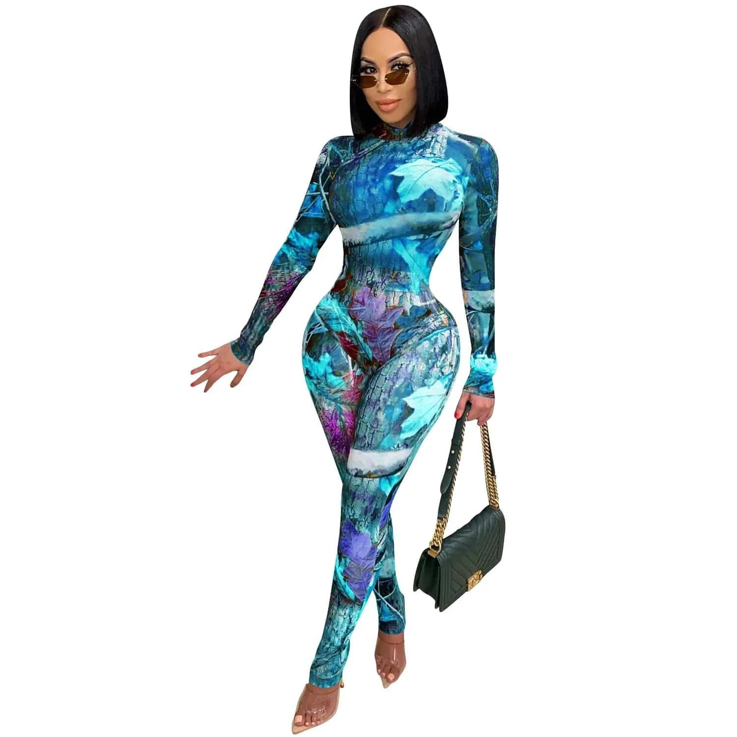 M / Blue Sheer Mesh See Through Pattern Print 2 Piece Set for Women Long Sleeve Bandage Bodysuits Skinny Legging Sweat Suit Outfits