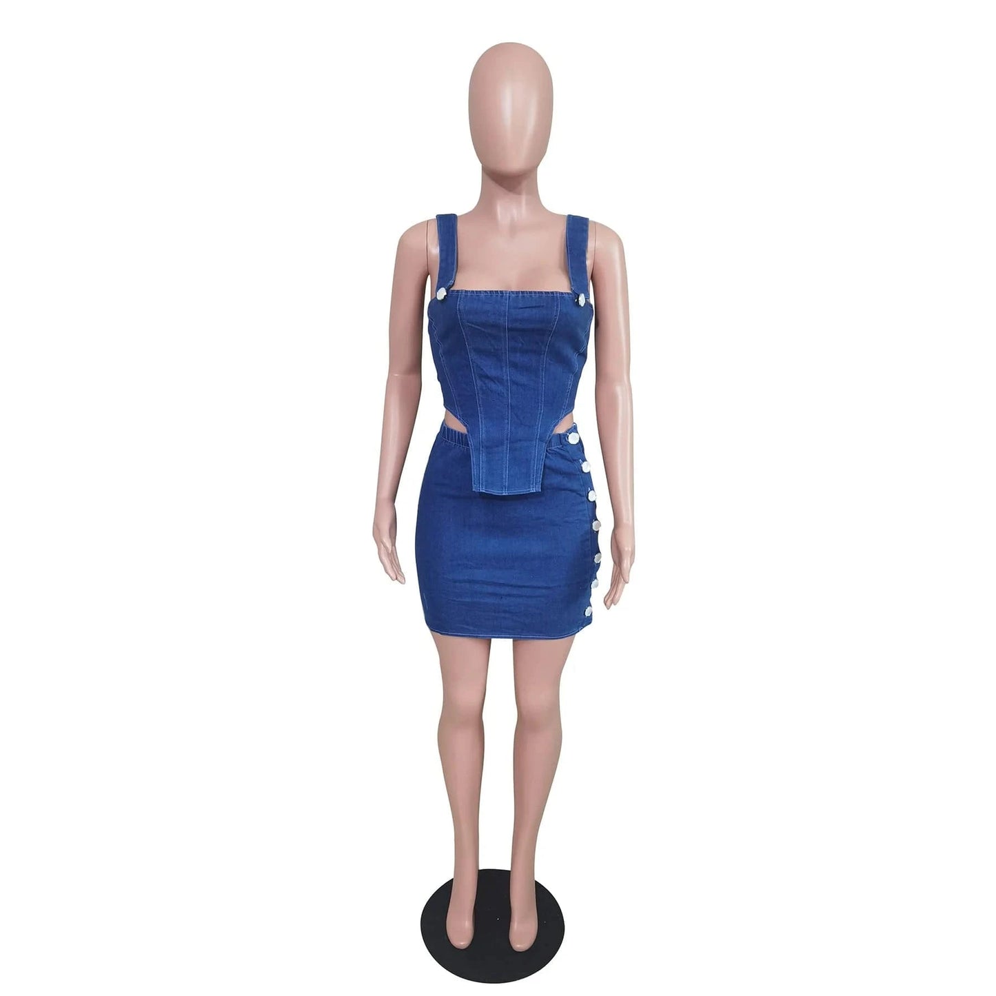 M / Blue ZHEZHE 2024 Spring Jeans Mini Skirt Outfit Sexy Women Elegant Two Pieces Denim Club Matching Set Top+short Skirt