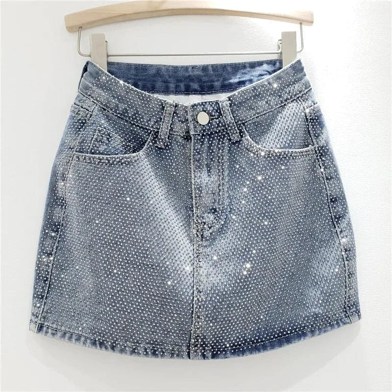 M / Blue ZHEZHE Fashion 2024 New Spring Hot-diamond High Waist Jean A-line Short Skirt Bodycon Sexy Casual Outfit Skirt For Women Lady