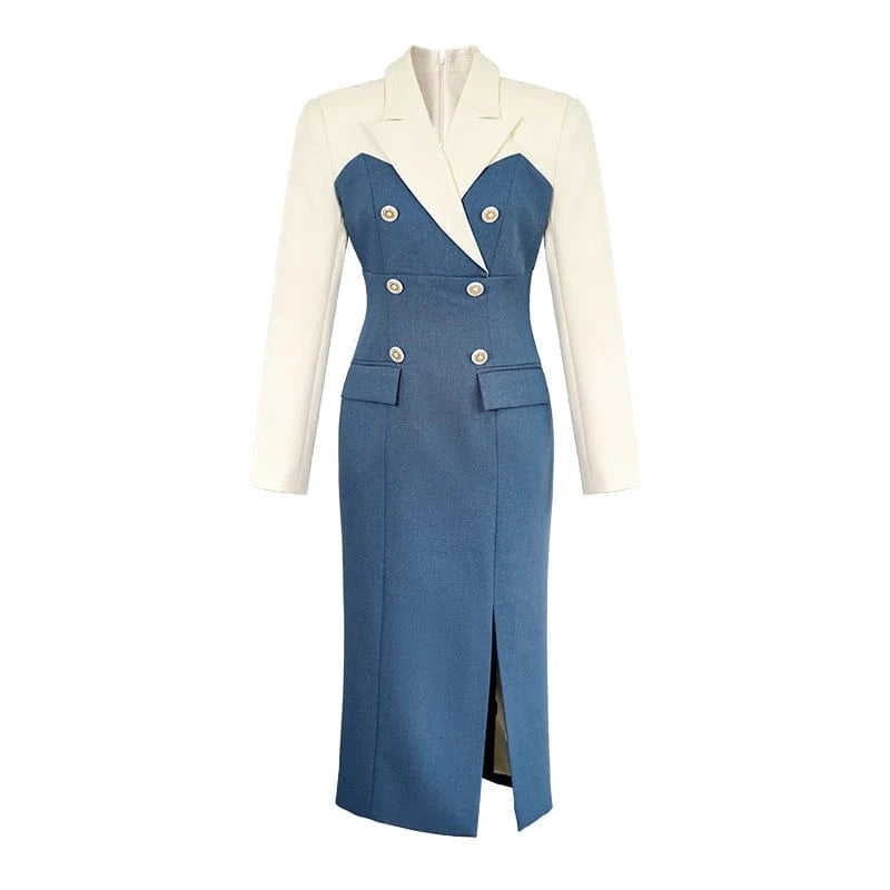 M / Blue ZYHT 50649 2024 Custom Designer Fashion Long Elegant Clothing Casual Midi Dress Office Outfits Ladies Blazer Dresses for Women