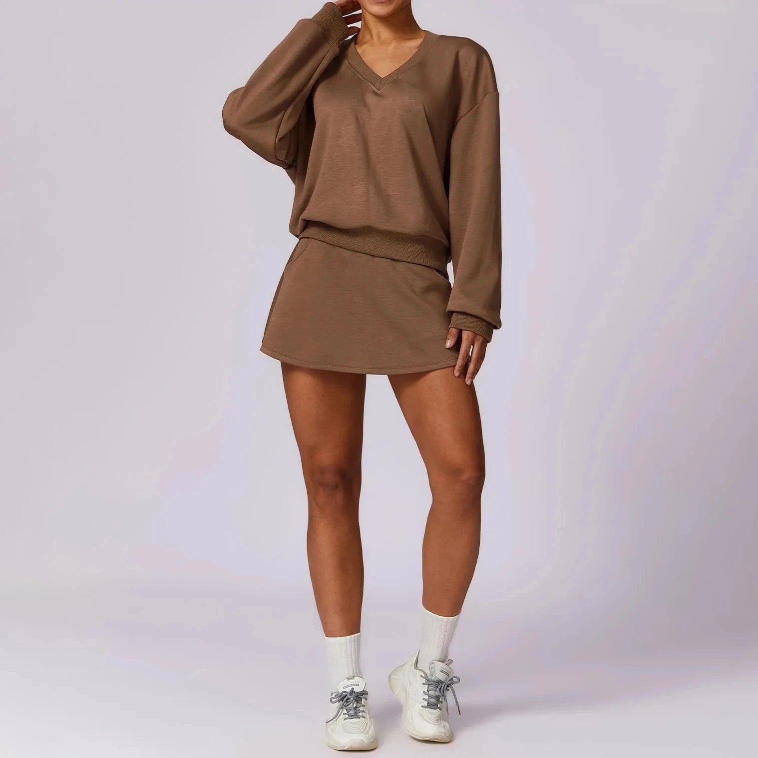 M / Brown 2024 Custom Ladies Running Sports Golf Skirt 2 Piece Tennis Wear Suit Gym Wear With Lining Tennis Workout Set For Women