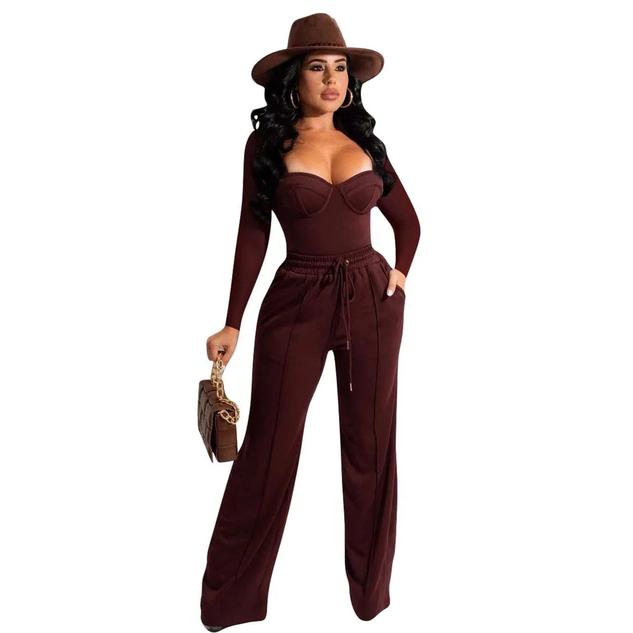 M / Brown 2024 New Sexy Casual 2PC Set Women Workwear Sleeveless Crop Tops High Waist Wide Leg Pants Suit Office Lady Party Club Outfits