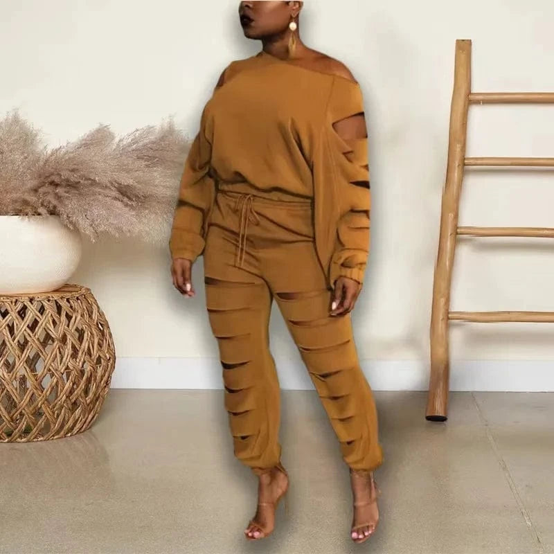 M / Brown Free Sample Elegant Cutout Holed Two 2 Piece Set Outfits Sloping Shoulder Crewneck Tracksuit Plain Long Sleeve Sweatsuit Set