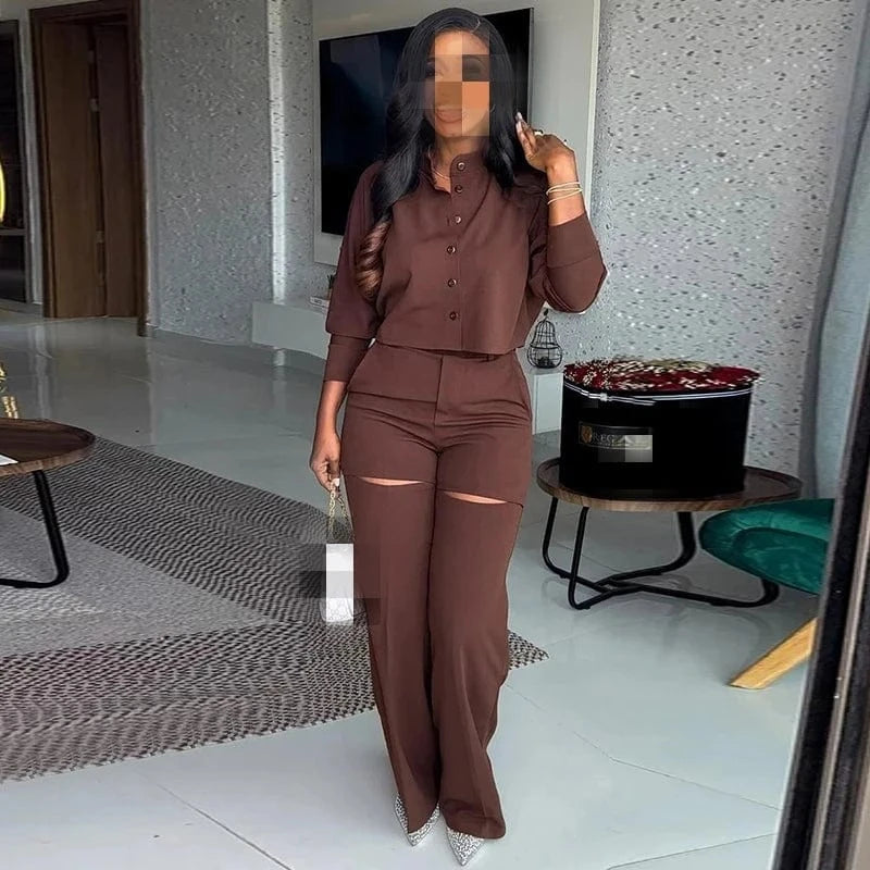 M / Brown HK6952 2024 New Arrivals Half Sleeve Crop Top 2 Piece Set Summer Lounge Set Women Two Piece Pants Set