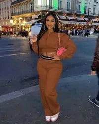 M / Brown J&H 2024 elegance high waist wide leg pants set 2 pieces women zip up cropped jacket autumn fashion outfits