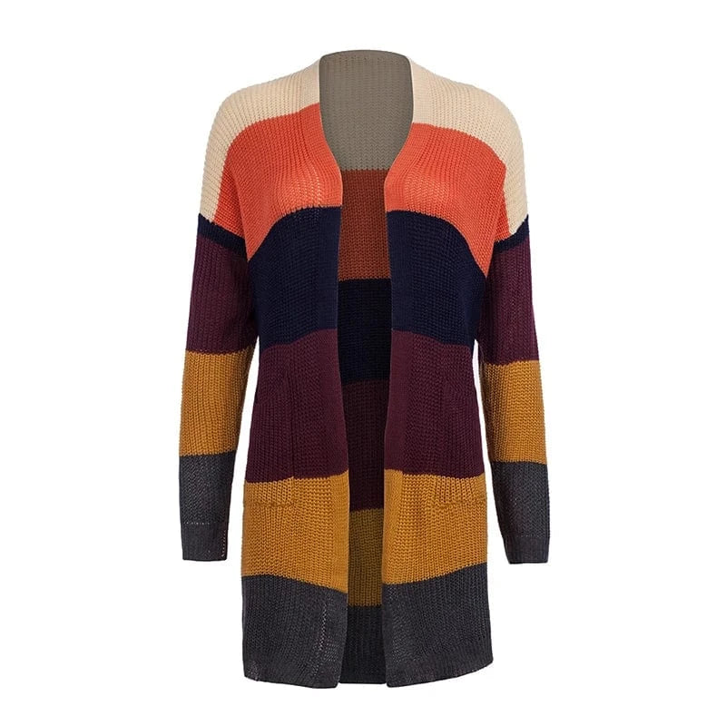 M / Brown New Fancy Ladies Top Clothing Multicolor Striped Rainbow Long Knitted Sweater Cardigan