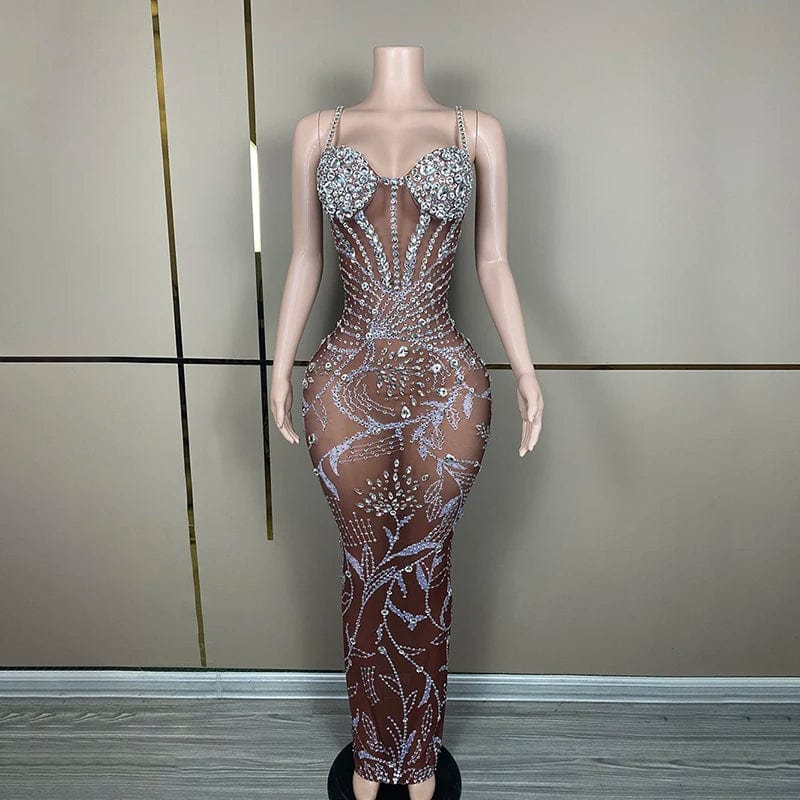 M / Brown NOVANCE Y3248 top selling products 2024 wholesale ball gown prom dress rhinestone sexy dresses women night mesh for party